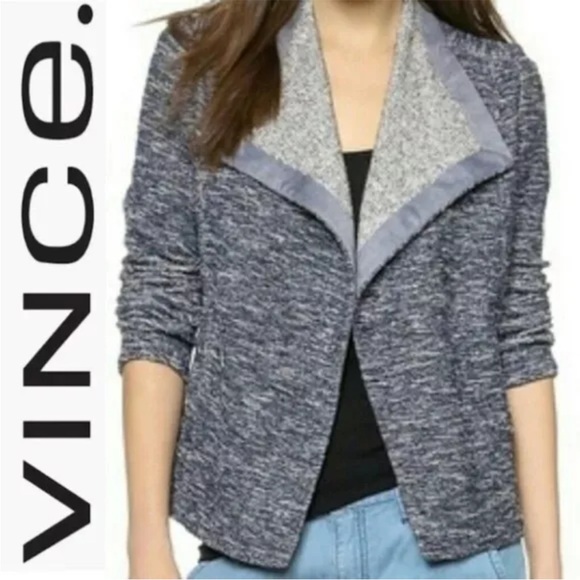 Vince Sweaters - Vince women’s large blue tweed knit open front cardigan sweater lay flat collar